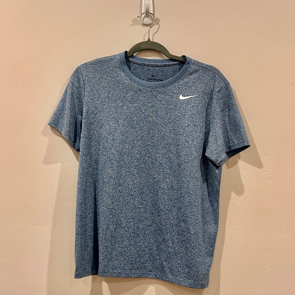 Nike Women's Short Sleeve Heathered Blue Tee with White Swoosh
